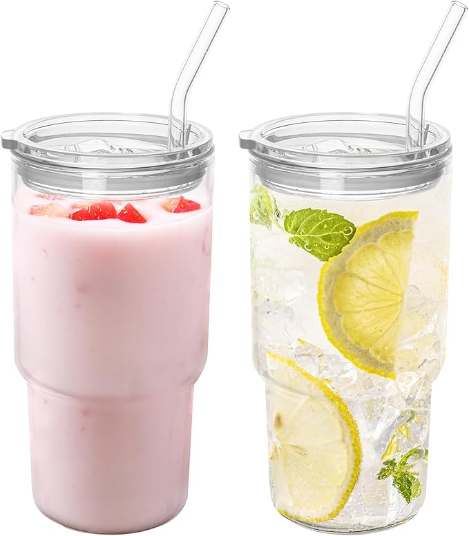 Dingerjar Glass Tumbler with Lid and Straw, High Borosilicate Glass Coffee Cup Smoothie Cups 24 oz/750ml for Hot or Cold Drinks 2 Pack