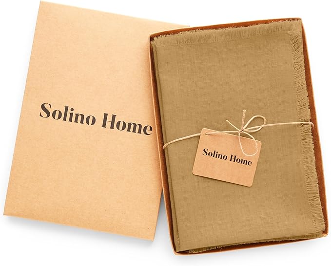 Solino Home Fringe Linen Napkins Set of 4-100% Pure Linen Camel Dinner Napkins 20 x 20 Inch - Handcrafted and Machine Washable