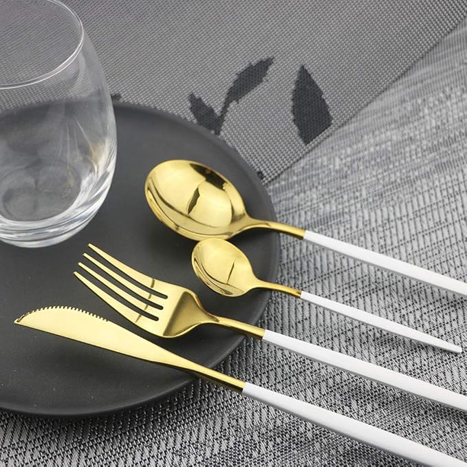 JASHII 24 Piece Titanium White And Golden Plated Stainless Steel Flatware Set, White Handle With Golden Mouth Silverware Set White And Golden Cutlery Set Service for 6 (Handle White,Shiny Golden)
