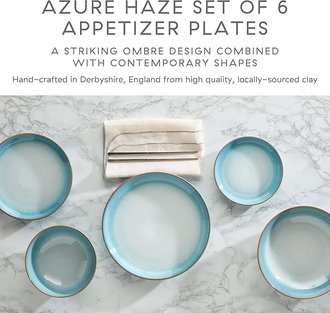 Denby - Azure Haze Coupe Small Plates Set of 6-6.75in Dishwasher Microwave Oven Safe - Reactive Blue Teal Glaze Appetizer Ceramic Stoneware Dinnerware Plates Set - Scratch Chip Resistant