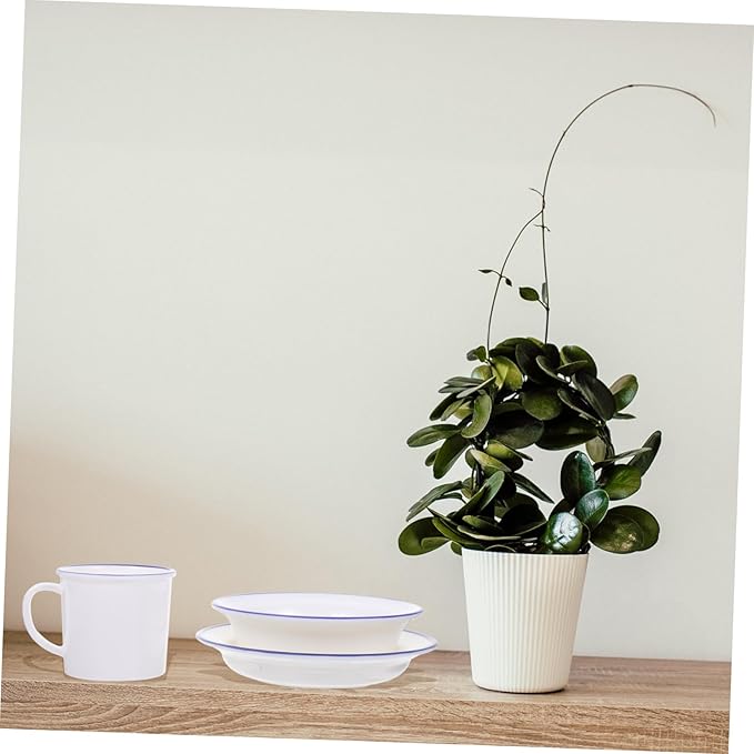 Kichvoe Retro Enamelware Dinnerware White Blue Rim Plate Bowl Cup Kit Kitchen Tableware for Home Camping Picnic Parties Serving Soup Salad Rice Noodles