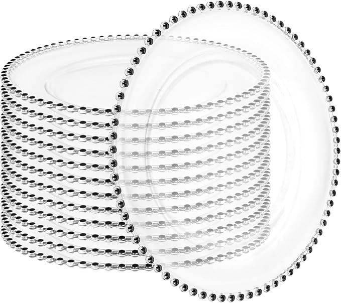 12 Pack Clear Charger Plates with Beaded Rim, 13 Inch Plastic Chargers for Dinner Plates Acrylic Round Tabletop Decoration for Home Kitchen Catering Wedding Table Event Party Dinner (Black)
