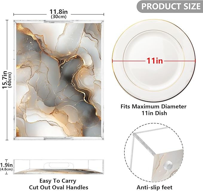 Rectangle Acrylic Tray Marble Gold Silver Acrylic Serving Trays with Handles 12x16 inches Clear Trays for Serving Food Spill-Proof