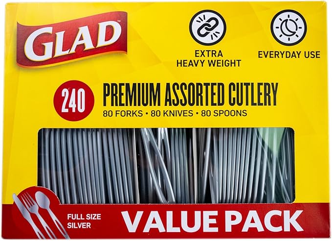 Glad Plastic Heavy Duty Silver Cutlery - Mixed Forks, Knives, and Spoons - Set of Sturdy, Durable Disposable Party Utensils, 240 Count