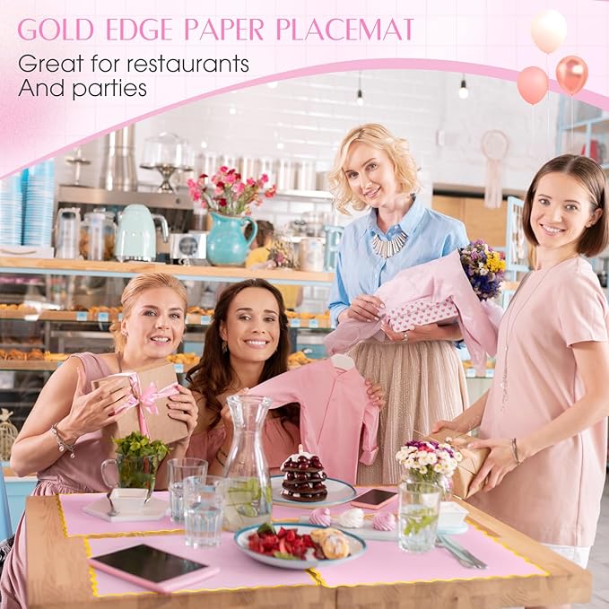150 Pcs Disposable Paper Placemats Bulk 10"x14" Rectangle Place Mats with Scalloped Edges Dining Table Mat for Wedding Birthday Easter Party Table Decoration(Pink)