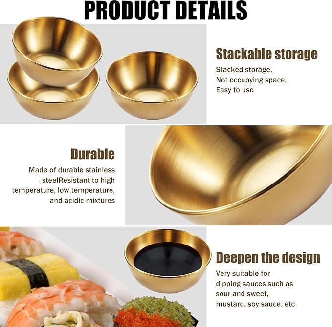 Stainless Steel Sauce Dishes,4 Pack Dipping Bowls,Small Bowls for Side dishes, Appetizer,Dip,Sushi.Reusable and Dishwasher Safe (4, Golden)