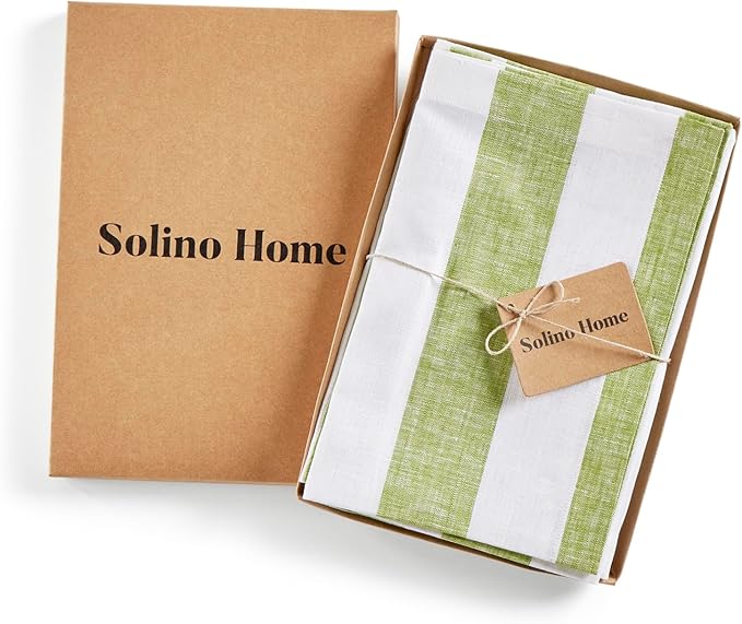 Solino Home Linen Cloth Napkins Set of 4-100% Pure Linen Green and White Striped Dinner Napkins 20 x 20 Inch for Christmas - Cabana Stripe, Handcrafted and Machine Washable