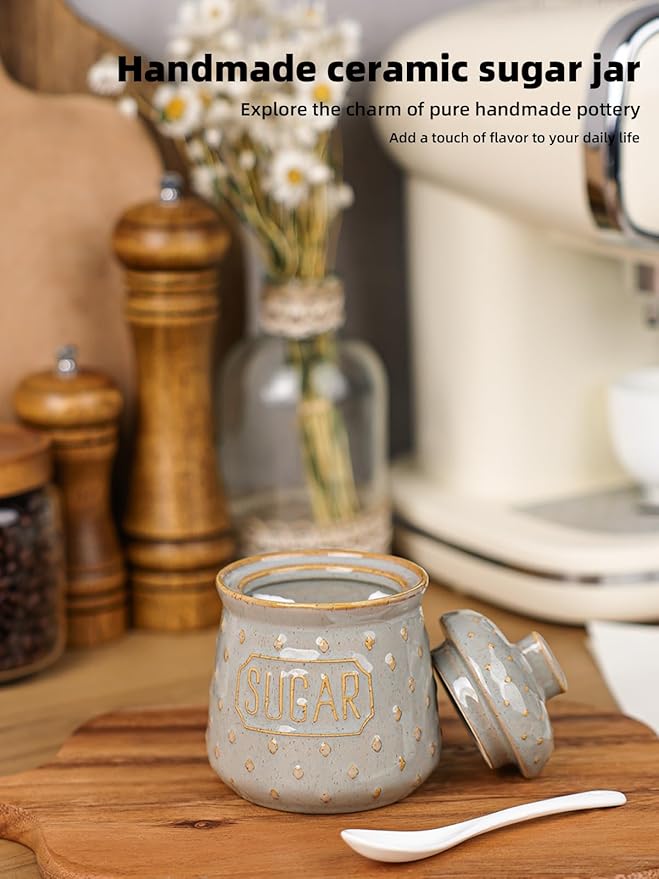 Sugar Bowl with Lid and Spoon, 10 OZ Ceramic Sugar Container for Kitchen Accessories, Sugar Storage Containers, Farmhouse Decor (Vintage Grey)