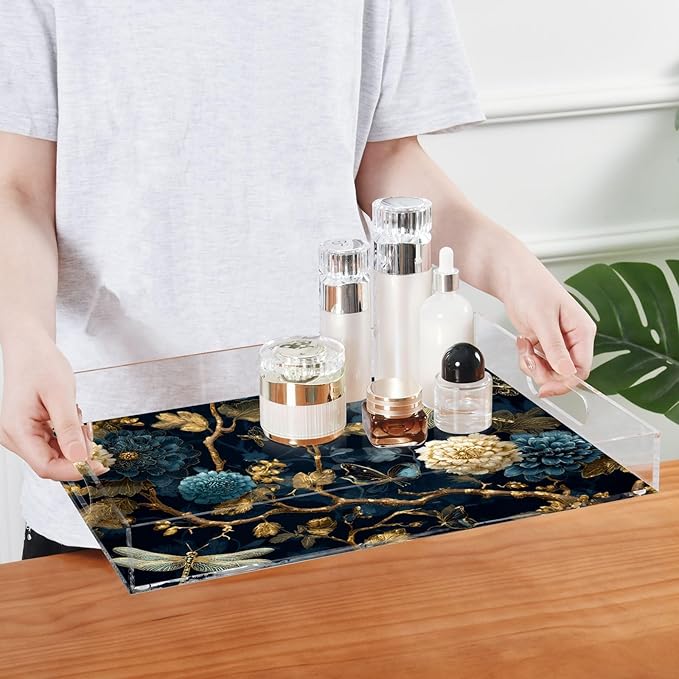 Serving Tray with Handles Clear Acrylic Tray 12x16 Inch Decorative Rectangular Tray Organizer for Ottoman Coffee Table Bathroom Mystical Flowers and Dragonflies