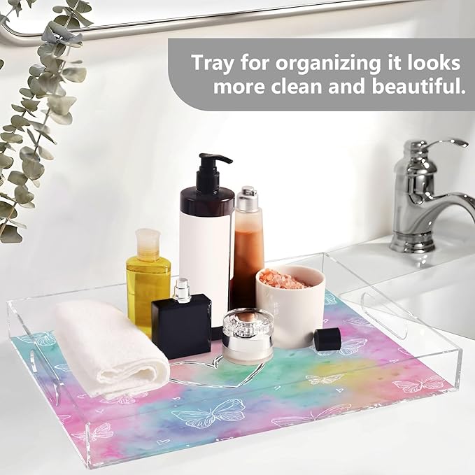 Serving Tray with Handles Clear Acrylic Tray 12x16 Inch Decorative Rectangular Tray Organizer for Ottoman Coffee Table Bathroom Tie Dye Heart Butterflies
