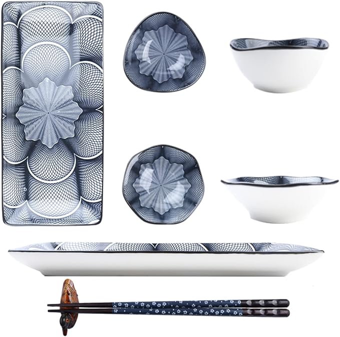Artcome 10 Pcs Japanese Style Ceramic Sushi Plate Dinnerware Set for Wedding Housewarming - 2 Sushi Plates, 2 Sauce Dishes, 2 Snack Bowl, 2 Pairs of Chopsticks, 2 Chopsticks Holders, Dark Blue