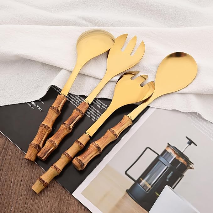 Stainless Steel Flatware Set, Bamboo Handle Silverware Set, Reusable Eating Utensils for Home Kitchen and Restaurant, Modern Gold Cutlery Set, 4 Pieces Serving Utensil