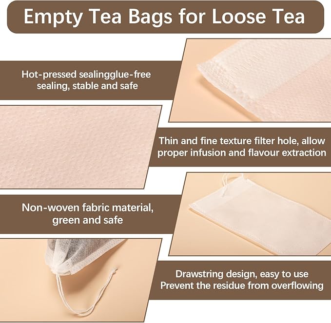 300 Pcs Empty Tea Bags for Loose Leaf Tea, Disposable Large tea Filter Bags with Drawstring Cold Brew Coffee Bag fillable Cloth Diy Empty Tea Sachets for Loose tea, Coffee, Herbs, Spice (4 x 6 inch)