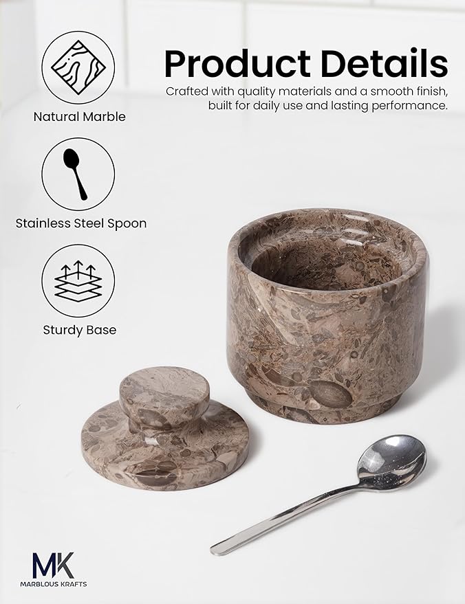 MARBLOUS KRAFTS Marble Salt Cellar Oceanic 3' Flaky Salt Dish for Countertop Ideal Spice Box, Valentine Candy Bowl, Brown Sugar Jar with Lid and Spoon, Kitchen Storage