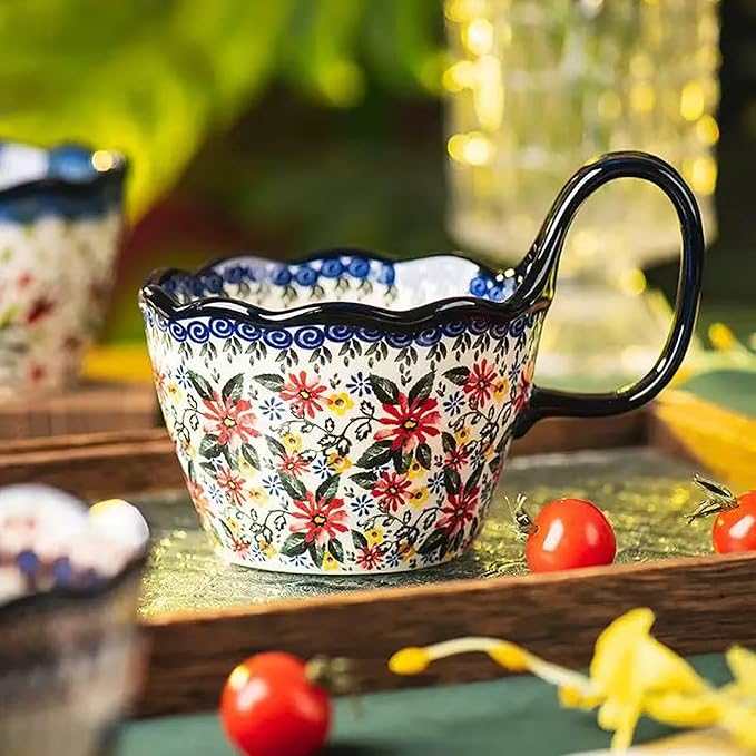 OZY Handpainted Soup Bowl with Handle,Ceramic Cereal Bowl Great for Soup, Ice cream, Fruits,Snack,Microwave &Dishwasher Safe (Daisy,Spoon)