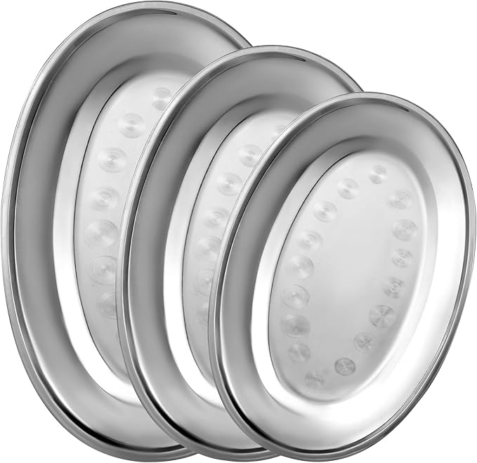 MAQUITA 3 Pcs Stainless Steel Serving Tray Large Oval Platter Set,Oval Serving Set Heavy Duty Metal Serving Tray Large Mirror Polish Sizzle Plate,12 in, 14 in, 16 in