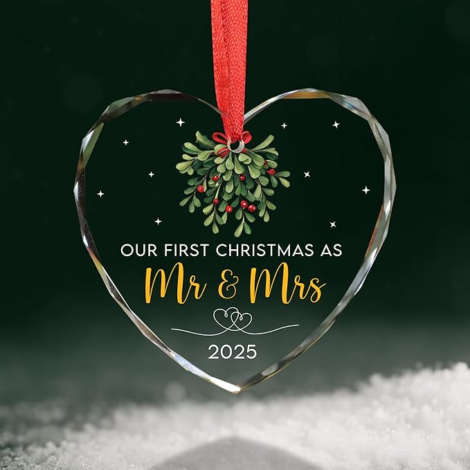 First Christmas Married Ornament 2025 - Wedding Gifts - Mr and Mrs Gifts - Wedding Gift for Couples 2025, Bride, Future Mr and Mrs - Bridal Shower Gift for Married Newlywed - Glass Ornament