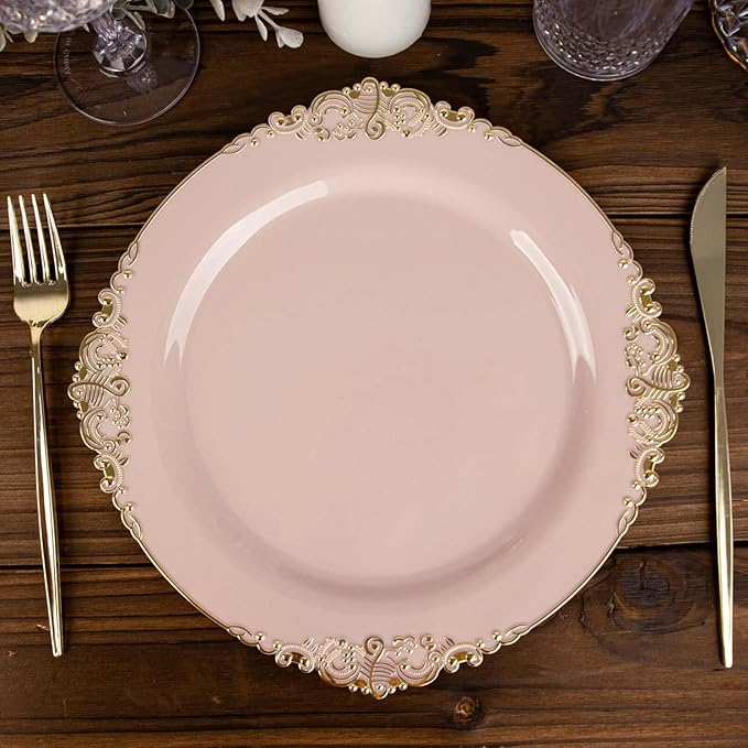 10" Dinner Plates -Set of 10 - Plastic Blush Round Baroque Disposable Chargers Leaf Embossed Rim, Ideal for Dinner Party Wedding Bulk Events