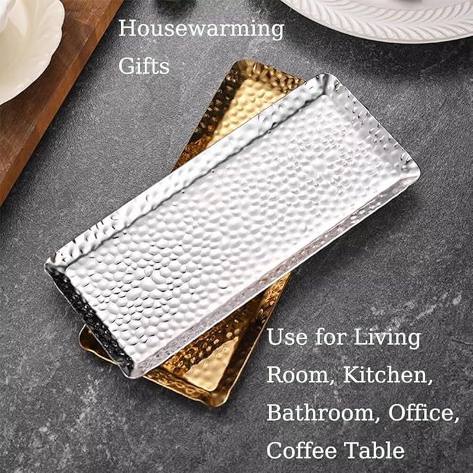Decorative Tray Stainless Steel Serving Trays Hammered Rectangular 9.8 x 4.3 Inch Dessert Plates Reusable Fruit Stand for Living Room Kitchen Gold