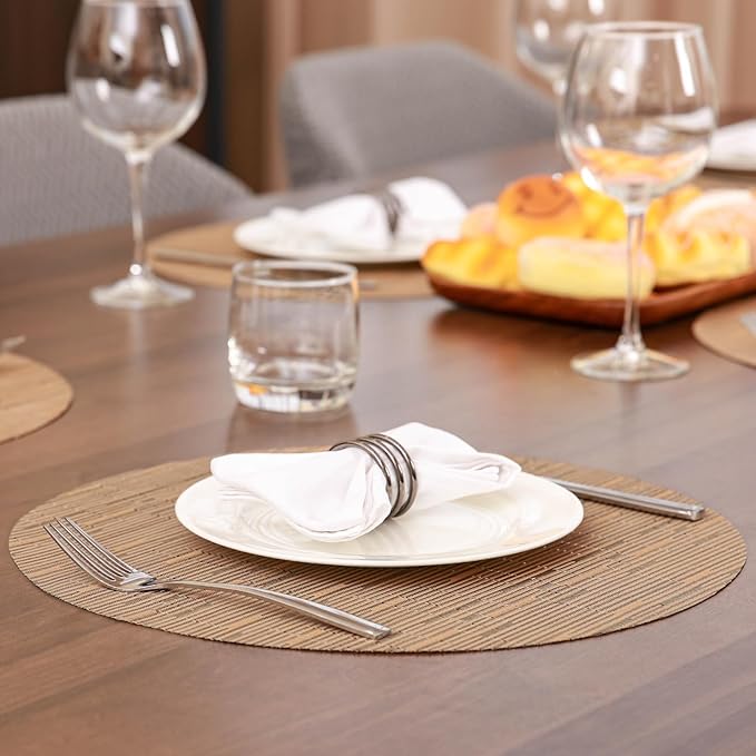 Round Placemats Set of 8 Heat Resistant Vinyl Placemats 15 inch Washable Non-Slip Table Mats Woven Place Mats for Dining Table (Light Brown, Set of 8)
