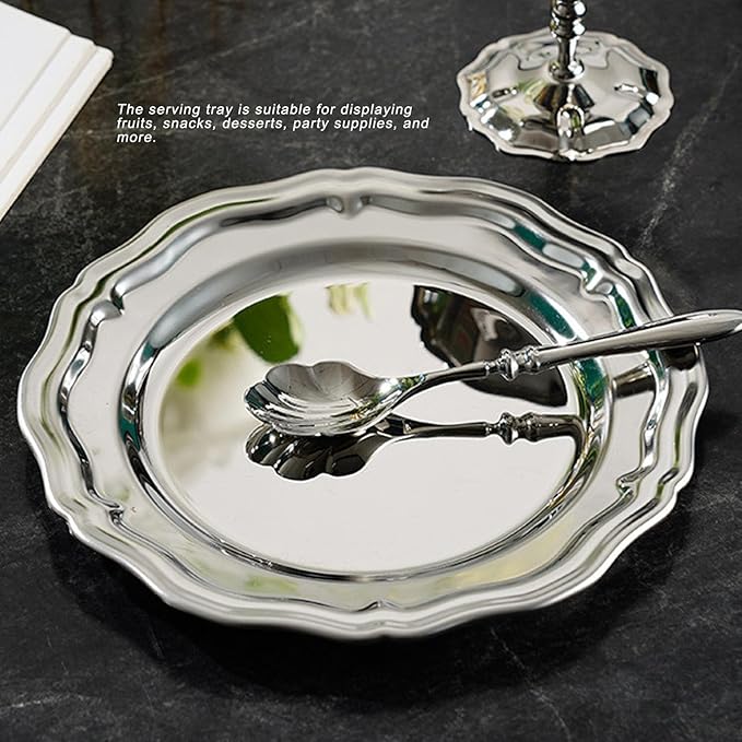 AMONIDA Stainless Steel Oval Platter, Sturdy Material Round Silver Tray with Effortless Maintenance Heavy Duty Mirror Polish Serving Plate forKitchen Weddings Desserts Fruits (Large Size for (Small