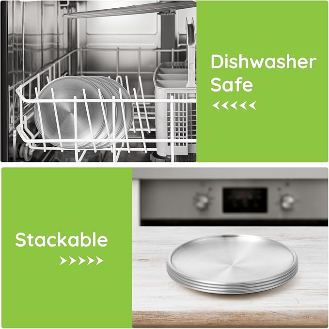 Stainless Steel Plates, 4 Pack 5.5 inch 304(18/8) Metal Food Serving Plate Set, Reusable Snack Eating Dishes Round Shatterproof Plate Silver Dinnerware for BBQ Dinner Oven Dishwasher Safe