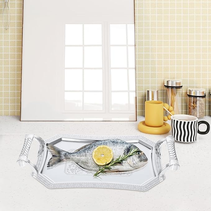 Silver Serving Tray: 11" Stainless Steel Serving Platter with Handles - Vintage Metal Rectangular Fruit Snack Tray for Dessert, Jewelry & Coffee Table Decor