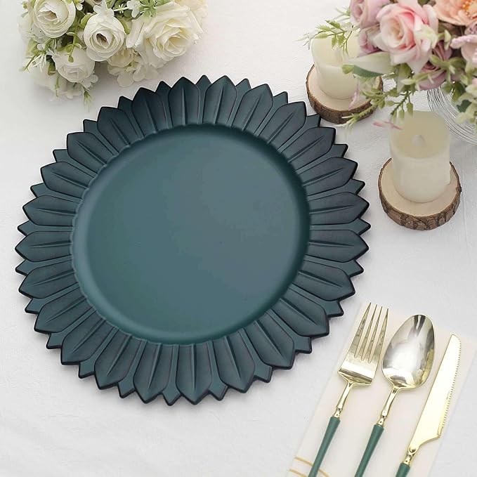 13" Charger Plates - Set of 24 - Matte Teal Sunflower Plastic Chargers, Disposable Round Acrylic Serving Trays For Dinner Wedding Party Events