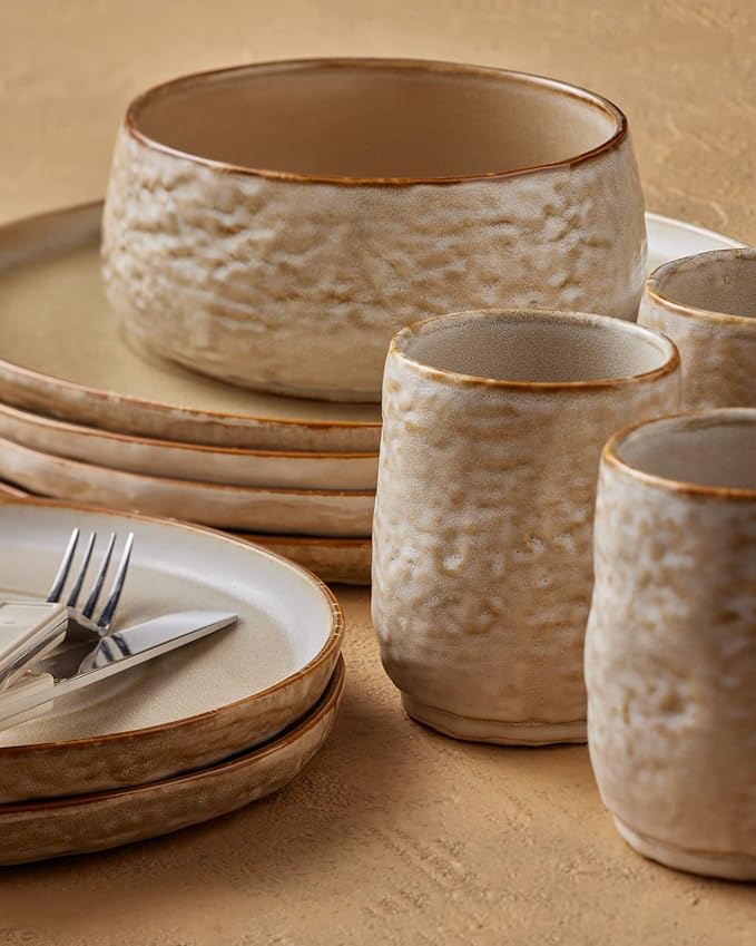 Stone by Mercer Project SHOSAI 16-Piece Stoneware Dinnerware Set, Plates and Bowls Set, Modern Dishware set fo 4, Sand
