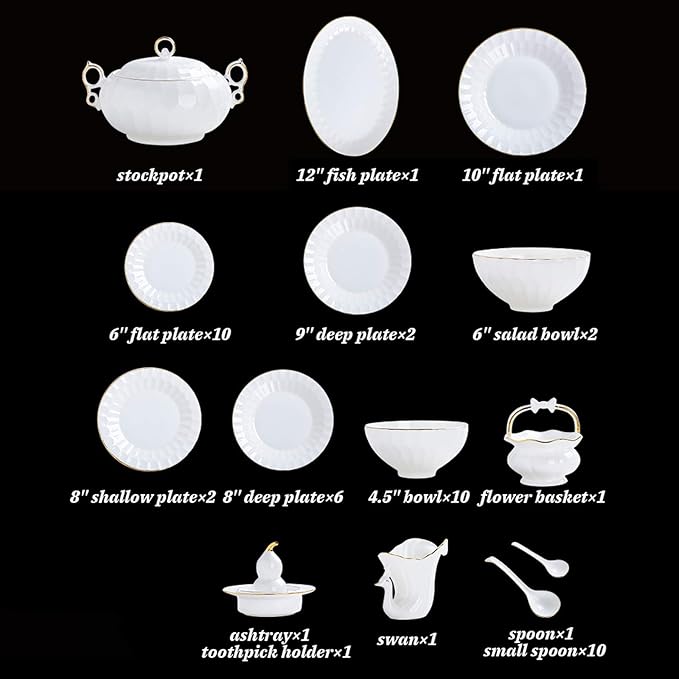 Tableware Classic Pottery Tableware,Ceramics Dinner Set, 50 Pieces Pure White High-Grade Bone China Dinnerware Sets Phnom Penh Soup Pot/Plate/Bowl - Porcelain Combination
