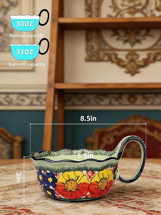 silesia Handmade Ceramic Soup Bowl, 30 oz Hand Painted Bowl with Loop Handle, Floral Design Cereal Bowl for Soup, Ice cream, Snack, Microwave & Dishwasher Safe (Glazed Green)