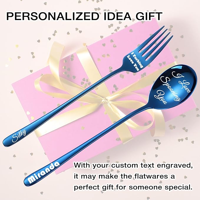 Custom Fork and Spoon Kit Flatware Set, Personalized Stainless Steel Engraved Name Text Dates, Customized Lover Gifts for Couples Boyfriend Girlfriend Birthday Christmas Gift - 6 Colors
