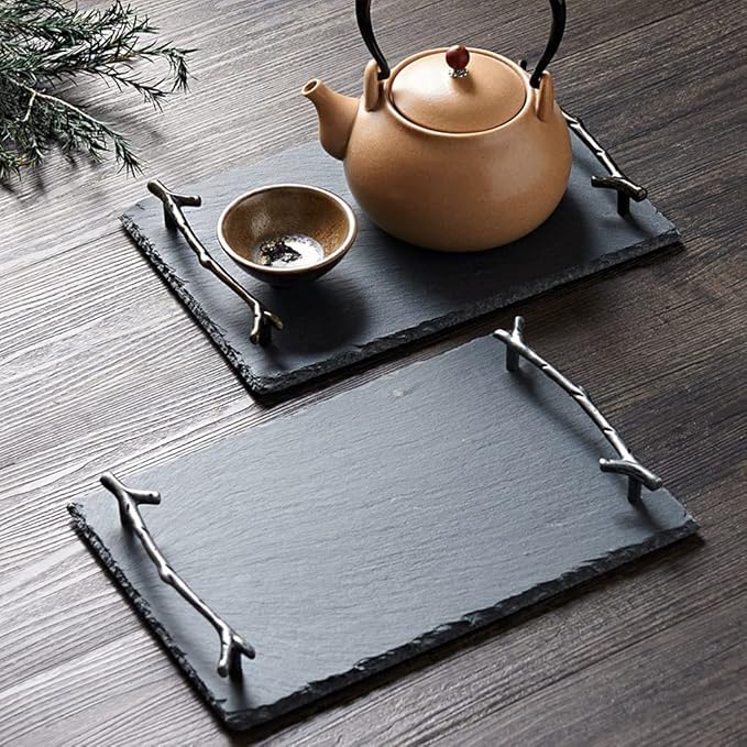 Serving Tray Service Tray Simple Rectangular Retro Branch Handle Dinner Plate Tray Restaurant Exhibition Hall Water Cup Bowl Plate Tray Plate Soft Display Plate Food Serving Tray(Silver)