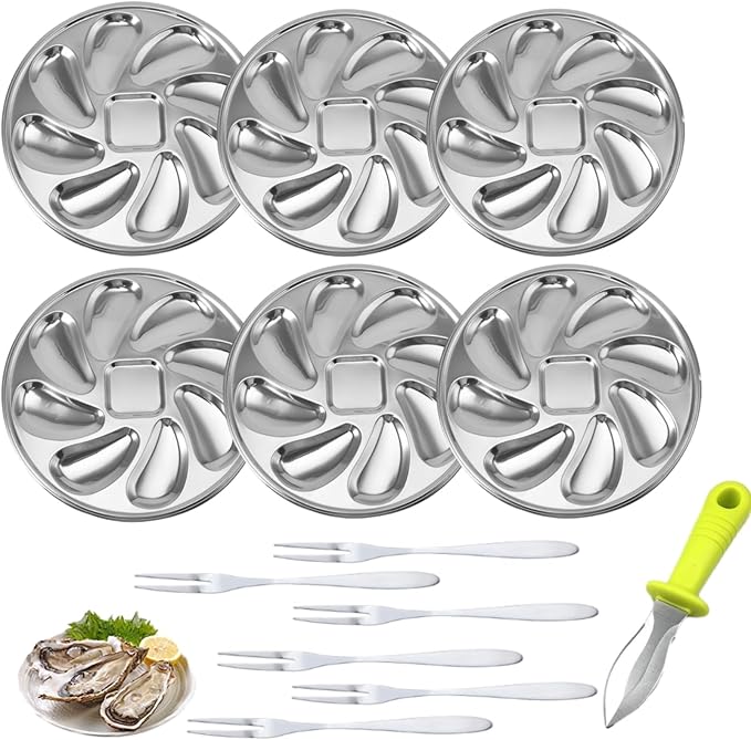 6 Packs Stainless Steel Oyster Plate with 6 Forks and Oyster Knife, 9.09in Round Oyster Serving Tray with 8 Compartments, Food Grade Metal Platter for Seafood, Mussels, Clams