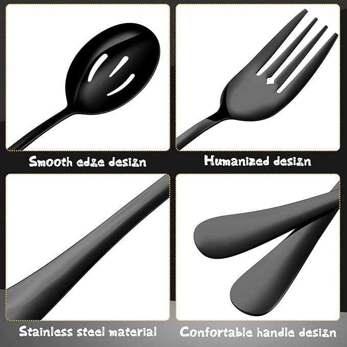 Thenshop 30 Pcs Stainless Steel Serving Utensils Set Flatware Set Include Large Serving Spoons Slotted Spoons Forks Soup Ladle Pie Server and Tongs for Buffet Party(Black)