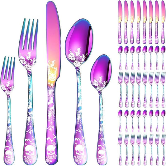 XIAOYU 40-Piece Halloween Themed Skeleton Silverware Set, Metal Flatware Set Serving for 8, Gothic Unique Skeleton Pattern Design, Durable Cutlery Set for Halloween Easter Christmas, Rainbow