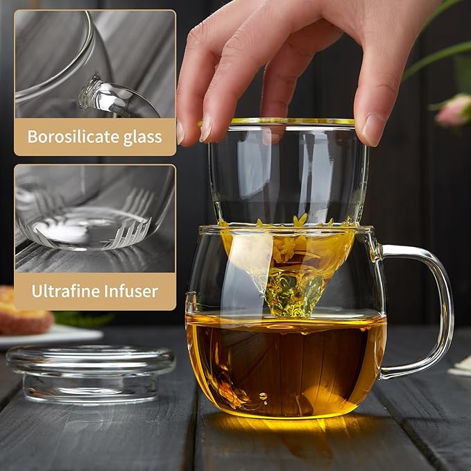 Glass Tea Cup with Infuser and Lid, 17oz/500ml Large Borosilicate Teacup, Clear Mug for Loose Leaf Tea, Blooming Tea, Tea Bags - Perfect Christmas or Birthday Gift for Women.