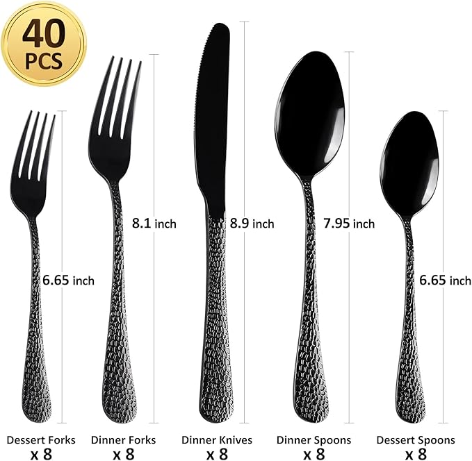 40 Piece Forged Black Flatware Set for 8 SANLUNS Stainless Steel Heavy Hammered Silverware Fine Dining Utensils Tableware Unique Cutlery Knives Forks Spoons,Reusable Holiday Gifts Mirror Dishwasher