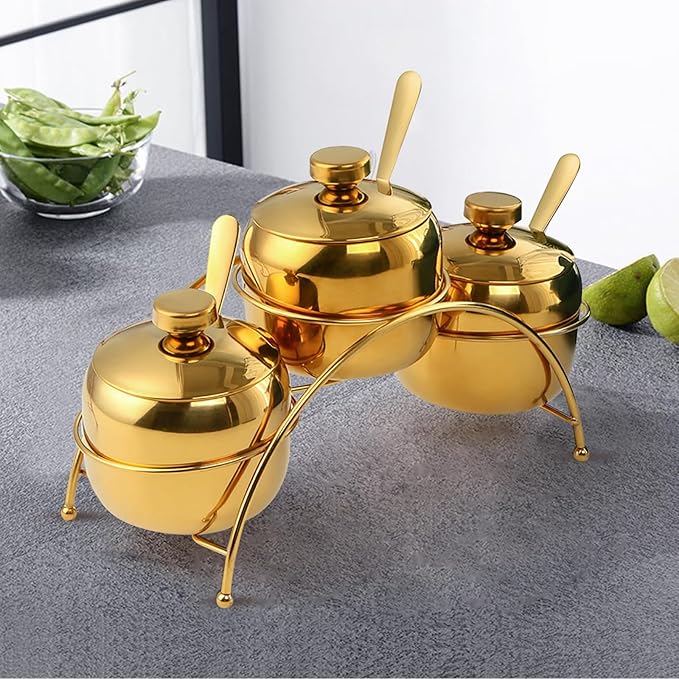 Buyer Star 3-Piece 304 Stainless Steel Seasoning Containers Set with Lid Spoon and Rack, salt and sugar container sets, Condiment Canisters Pots for Serving Sugar, Pepper, Salt, Spice (Gold)