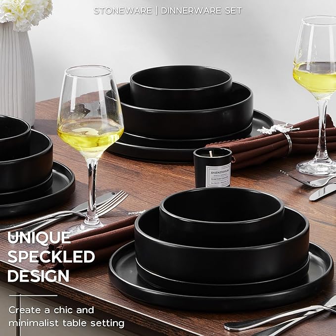 Onader 24 Piece Stoneware Dinnerware Sets with Pasta Bowls, Kitchen Dinner Dishes Set for 6, Plates and Bowls Dishware Dining Ware - Ebony Black