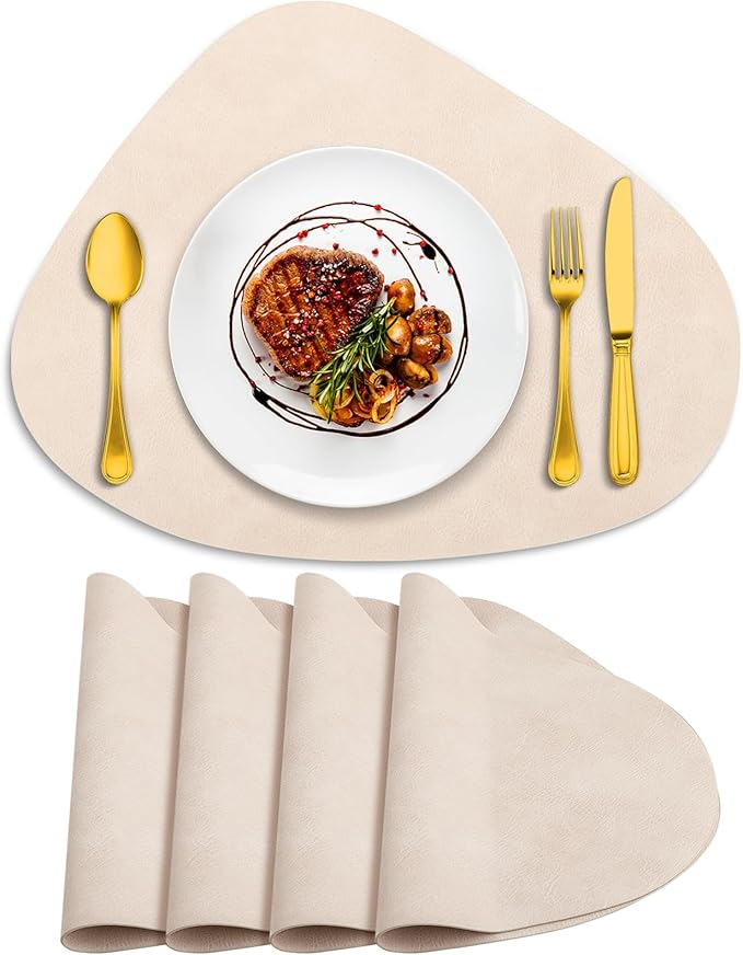ADRIMER Placemats, Heat Resistant Round Placemats Set of 4 Washable 13 x 17 Inch, Waterproof Table Mats Wipeable for Kitchen, Dining Room Table Christmas Decor, Beige