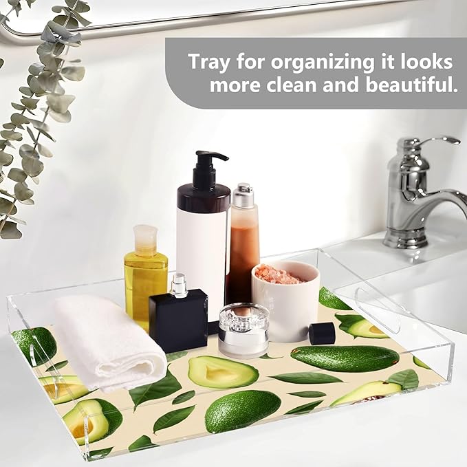 Serving Tray with Handles Clear Acrylic Tray 12x16 Inch Decorative Rectangular Tray Organizer for Ottoman Coffee Table Bathroom Nature Avocados Leaves