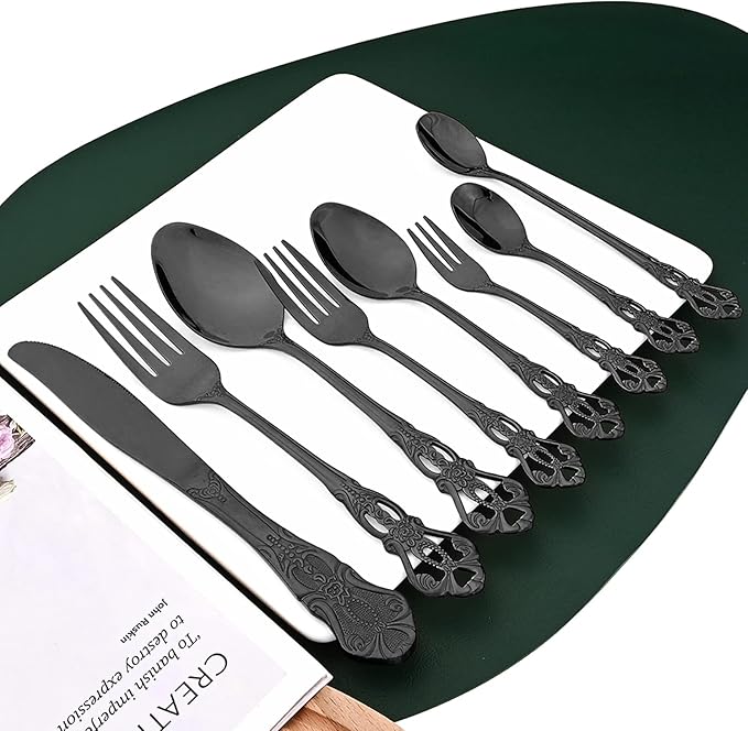 Elegant 32-Piece (4 Set) Retro Flatware Set, Stainless Steel Cutlery Set - Complete Eating Tableware Serving Set, Dishwasher Safe, Shiny Mirror Polish (Black)