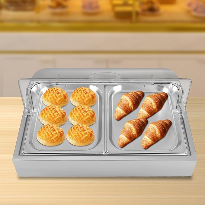 2 Pans Ice Food Serving Display Tray, Stainless Steel Countertop Food Serving Display Container Cooling Food Display Case with Lid for Buffets,Restaurants,Hotels (Silver)