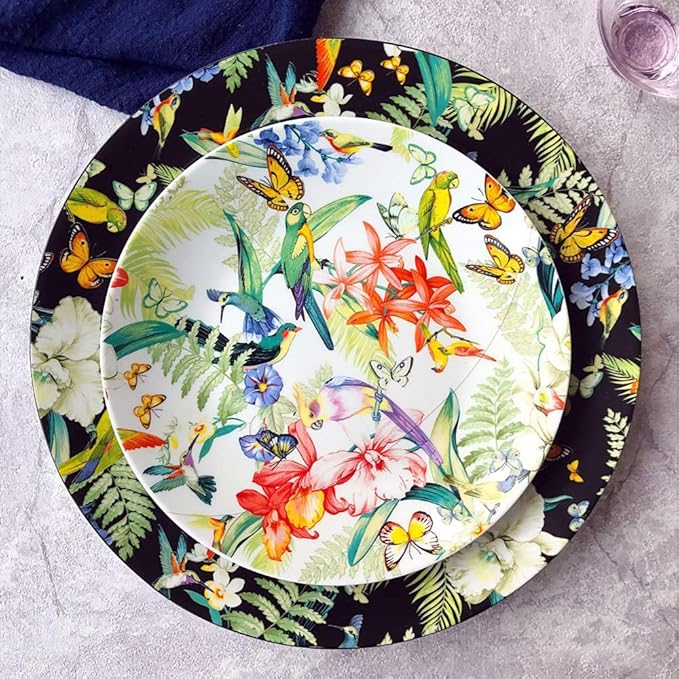 SHINING Porcelain Bone China Dinnerware Ceramic Floral Design Tableware Service Plate Mug Bowl Set (Black 8" Plate)