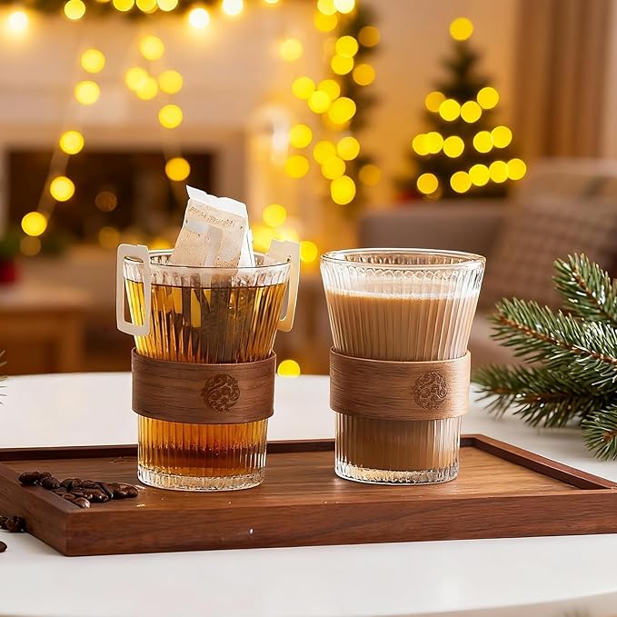RDLBBS 2PCS Glass Coffee Mug 9oz with Bamboo Sleeve,Espresso Cups Drinking Cup set, Home Essential Glass Tumblers for Beer, Cocktail, Tea and Latte Clear