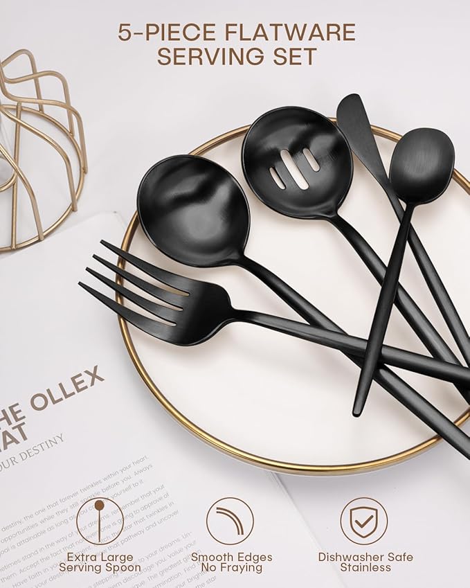 Serving Utensils,5 Pieces Matte Black Hostess Serving Utensil Set with Round Stainless Steel Serving Spoon,Slotted, Sugar Spoon,Butter Knife for Parties Buffet Banquet,Dishwasher Safe