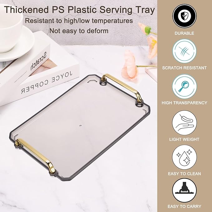 PATIKIL 12 x 8.6 Inches Plastic Serving Tray with Golden Handles, Reusable Tray Rectangular Party Platters for Dessert Coffee Tea Table, Living Room Kitchen Countertop, Gray
