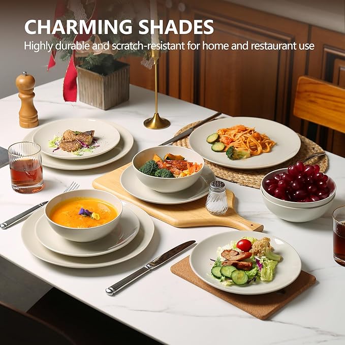 Ceramic Dinnerware Sets-12 Pieces Set, Plates Pasta Bowls Soup Bowls, Modern Stoneware Dishes, Reaction Glaze Black (Sky white)
