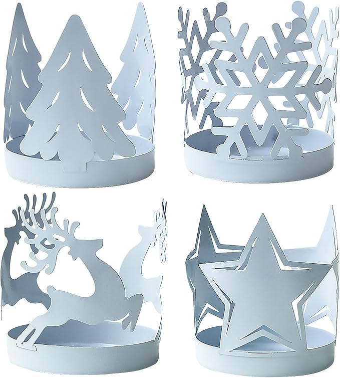 Christmas Candle Holders Set of 4, Metal Christmas Table Decor Centerpiece Pillar Tealight Votive Candle Holders, Vintage Indoor Christmas Table Decorations 4PCS